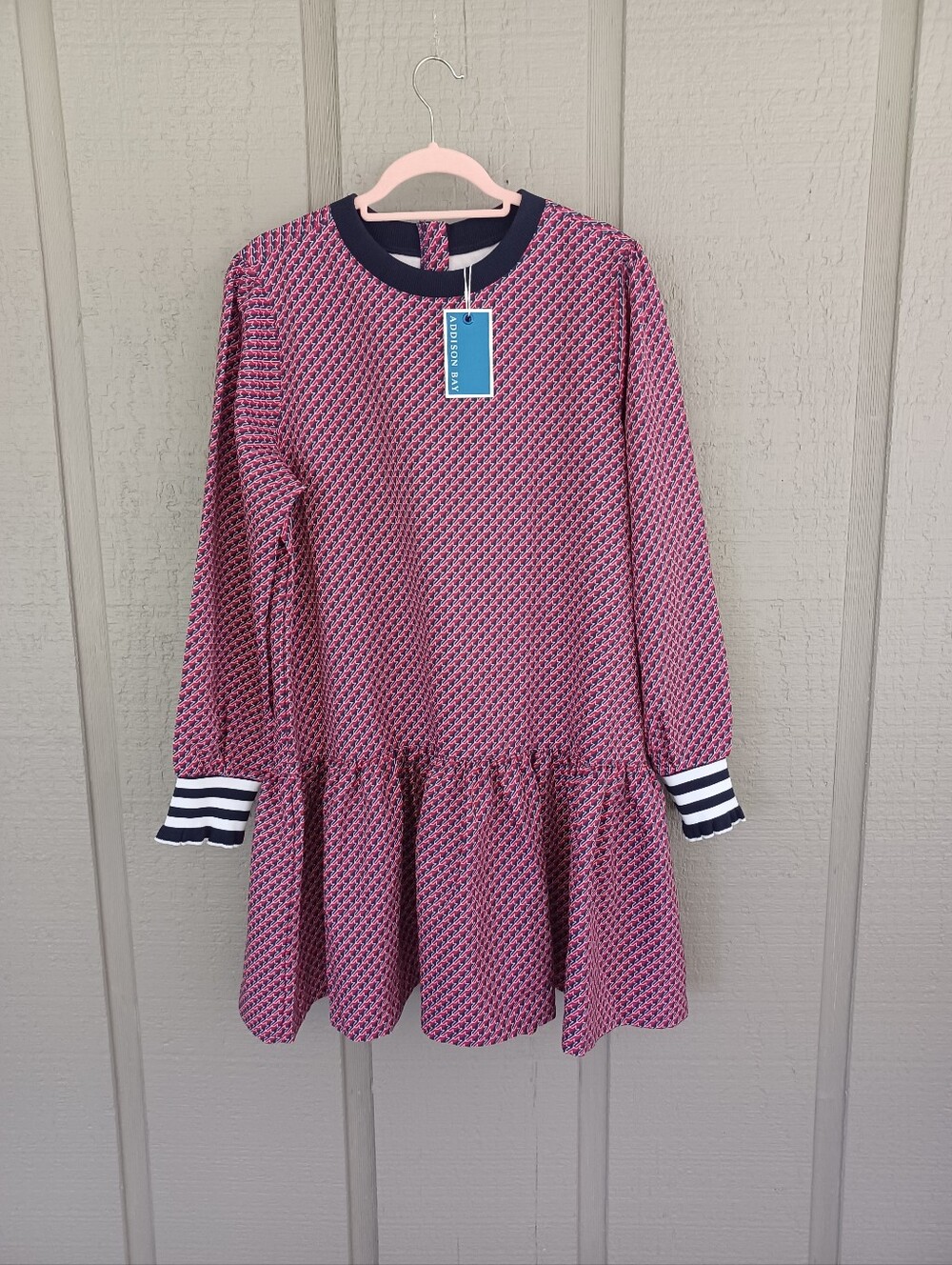 Addison Bay Vine Mini Dress Size XL Long Sleeve Preppy In Navy Cherry Stars